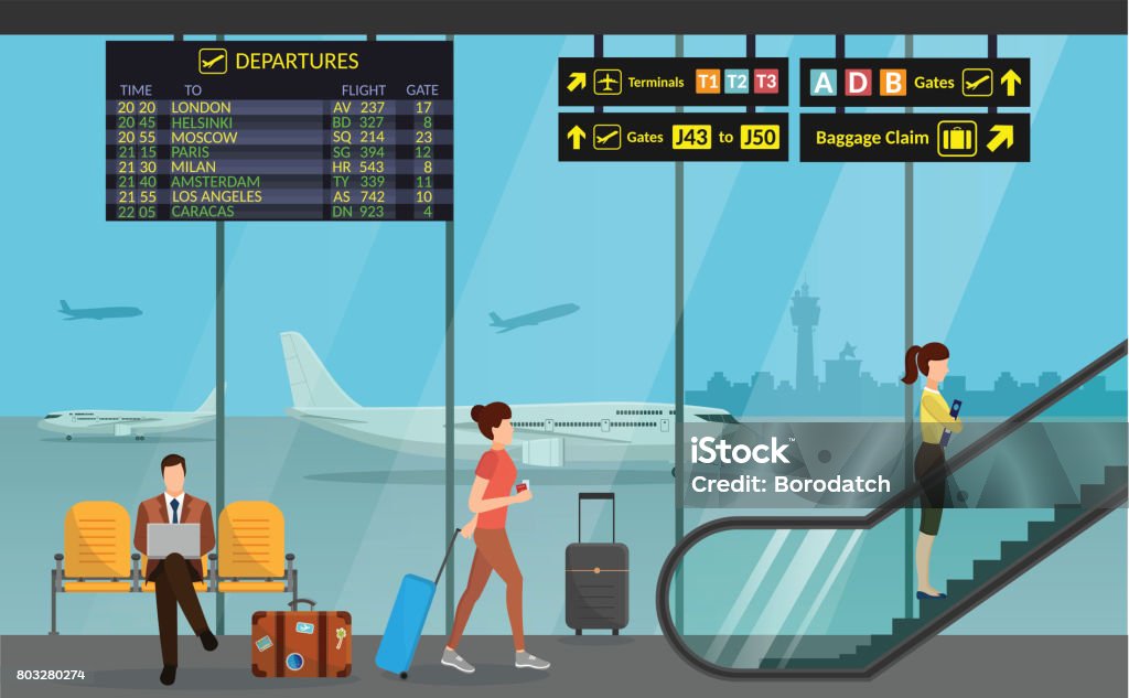 Terminal de pasajeros del aeropuerto y sala de espera. Avión internacional llegada llegadas fondo vector ilustración infografía - arte vectorial de Aeropuerto libre de derechos