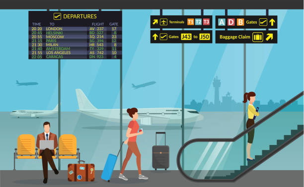 illustrazioni stock, clip art, cartoni animati e icone di tendenza di terminal passeggeri dell'aeroporto e sala d'attesa. partenze di arrivo internazionali sfondo illustrazione vettoriale aereo di infografica - heathrow airport immagine