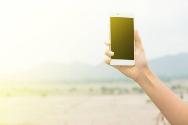 istock Female right hand holding and touching on mobile smartphone show back side. He is searching something. on blur forest mountain and sky background 803294028