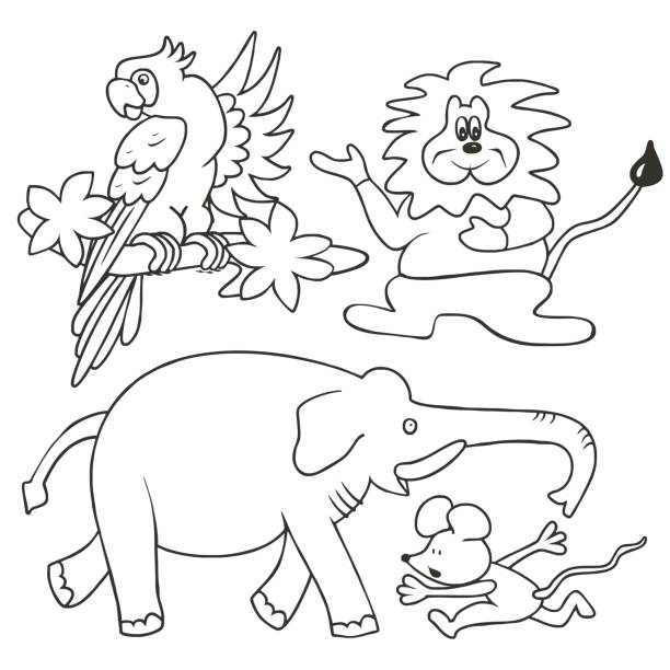 Group of animals, coloring page Group of animals, coloring page. Parrot, lion, elephant and mouse. Coloring page for children. czech lion stock illustrations
