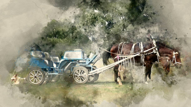 Two horses eating hay clous up. Watercolor background