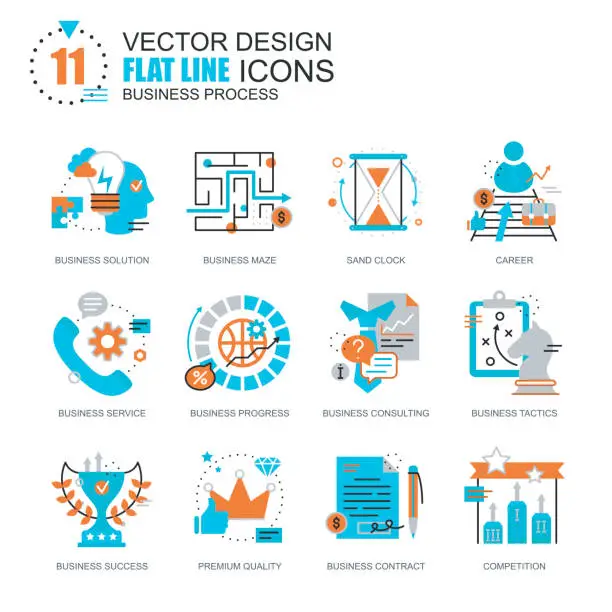 Vector illustration of Flat line business process icons