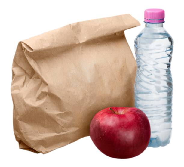 o almoço. - bag lunch paper bag water bottle - fotografias e filmes do acervo