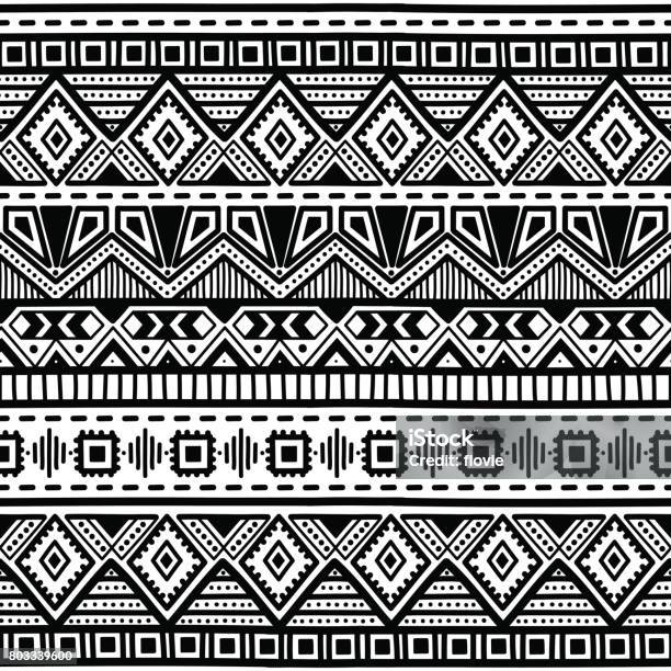 Seamless Ethnic Pattern Black And White Vector Illustration Stock Illustration - Download Image Now