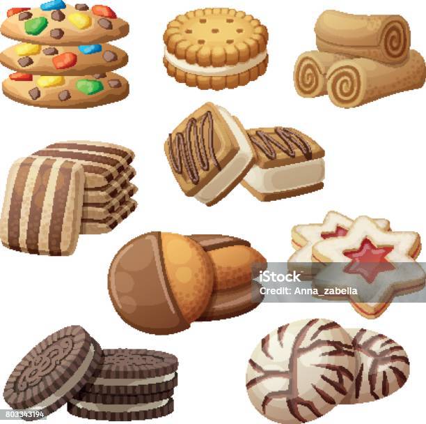 Set Of Delicious Cookies Cartoon Vector Illustration Food Sweet Icons Isolated On White Background Stock Illustration - Download Image Now