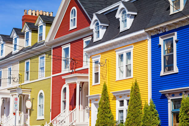Typical colorful houses in St John's Newfoundland Canada Stock photograph of typical, colorful clapboard townhouses in St John's, Newfoundland, Canada. newfoundland island photos stock pictures, royalty-free photos & images
