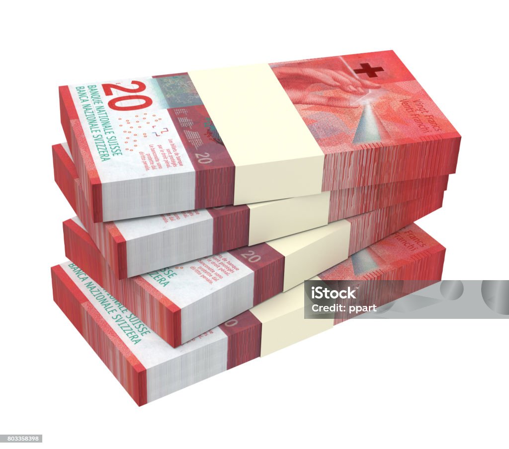 Swiss franc bills Swiss money isolated on white background. 3D illustration. Currency Stock Photo