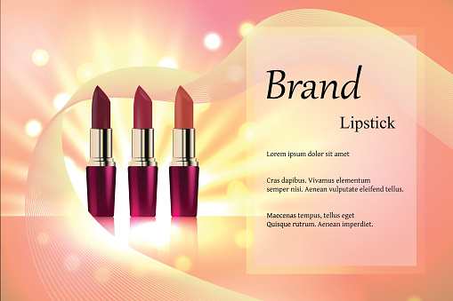 Design cosmetics lipstick with different delicate hues on a gentle background with light rays and bright spots. Brand, banner, directory. 3D vector realistic