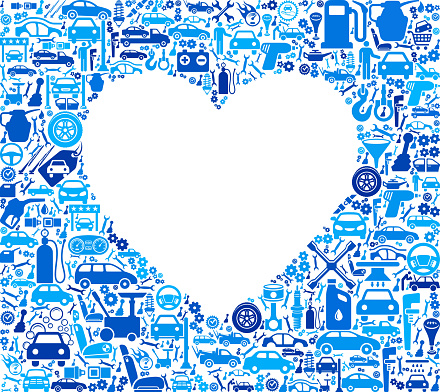 Heart Auto repair cars and automotive Icons Background. The main object of this royalty free illustration is the composed of vector icon pattern. These auto repair and automotive icons vary in size and form a seamless composition.  This illustration is conceptual and ideal mechanic, auto shop and auto repair businesses. Each icon can be used independently from the background set. The icons include such popular automotive images as a car, truck, auto repair shop and many more.