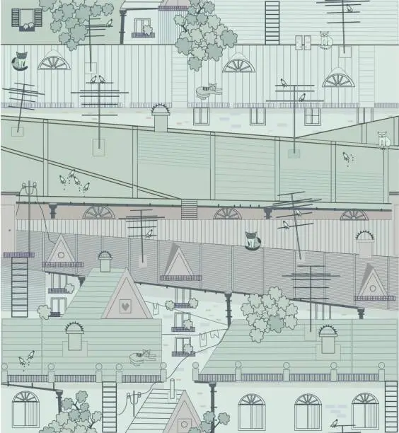 Vector illustration of Roofs of an old city with pigeons, cats, antennas and pipes