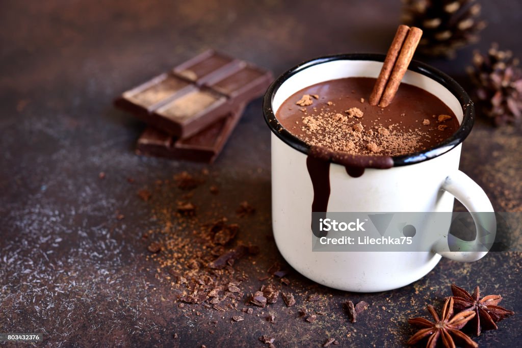 Homemade spicy hot chocolate with cinnamon Homemade spicy hot chocolate with cinnamon in enamel mug on a slate,stone or concrete background. Hot Chocolate Stock Photo