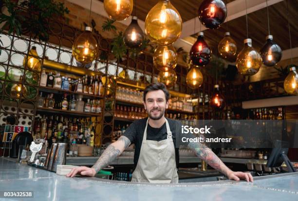 Propietario De Negocios Feliz Trabajando En Un Restaurante Foto de stock y más banco de imágenes de Barman