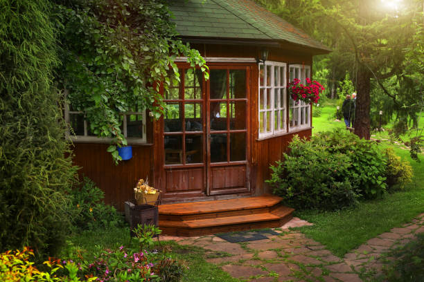 wooden pergola in formal summer garden close up photo