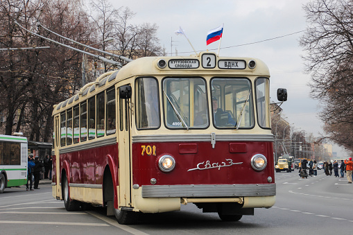 Moscow, Russia - November 15, 2014: Old soviet trolleybus SVARZ-TS-1 at the city street