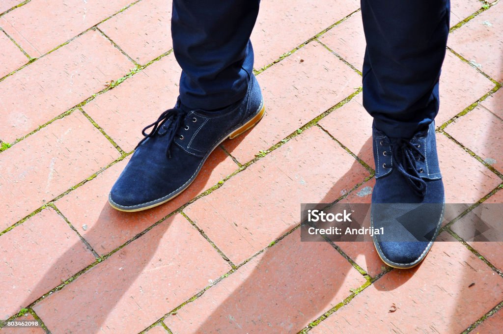 Blue Suede Mens Shoes On Boardwalk Stock Photo - Download Image Now - Blue,  Shoe, Suede - iStock