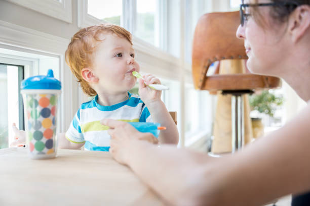 Mother Feeding Baby Boy with Yogurt Mother feeding his cute baby boy with yogurt inside the sunroom. baby spoon stock pictures, royalty-free photos & images