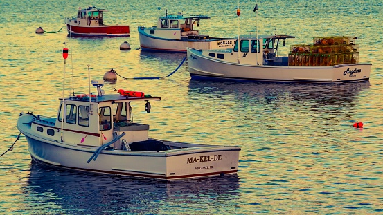 Sunset Lobster Boats Moored at Wiscasset Harbor, Maine