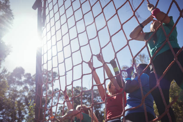istock Group of fit woman climbing a net during obstacle course training 803503654