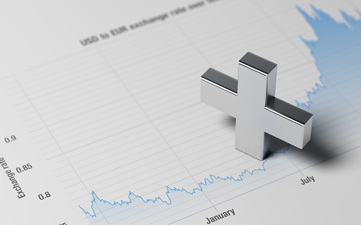 High quality 3d render of a plus sign on a blue financial chart. Plus sign is made of a reflective metal material and lit by the upper left corner of composition. Horizontal composition with copy space. Great use uncertain currency and financial concepts.