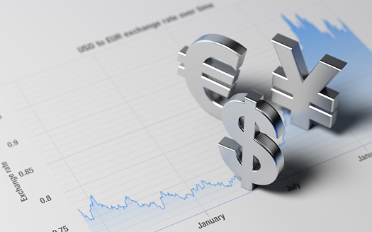 High quality 3d render of a USD Yen Euro signs on a blue financial chart. USD Yen Euro signs are made of a reflective metal material and lit by the upper left corner of composition. Horizontal composition with copy space. Great use for USD Yen Euro Dollar currency and financial concepts.