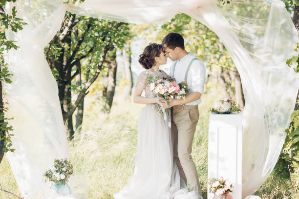 istock wedding couple on  nature.  bride and groom hugging at  wedding. 803580636