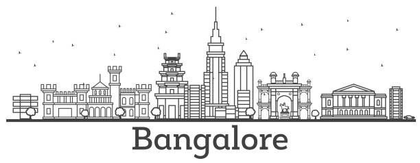 ilustraciones, imágenes clip art, dibujos animados e iconos de stock de horizonte de bangalore de esquema con los edificios históricos. - india bangalore contemporary skyline