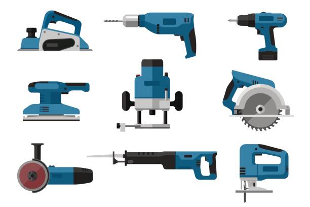 ilustraciones, imágenes clip art, dibujos animados e iconos de stock de set de herramientas eléctricas - screwdriver isolated blue work tool