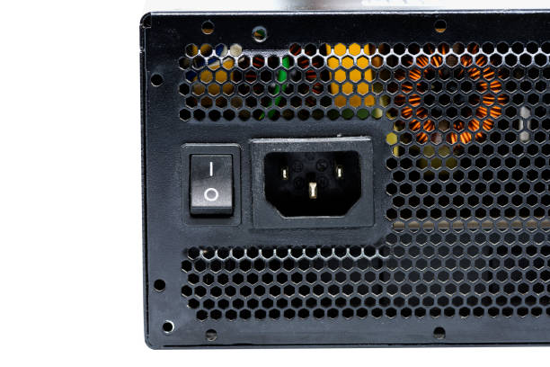 istock Close up power supply unit connection plug and on off switch isolated on white background 803600814