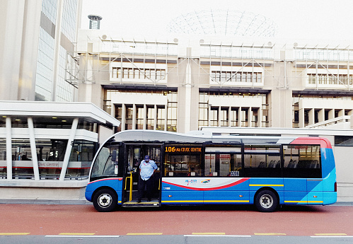 A MyCiti bus at the Civic Centre stop outside the Cape Town municipal offices. MyCiti is a rapid transit system using separate bus lanes.