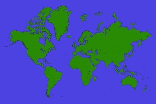 3D Map of the World in Green on Blue Background 3D Illustration