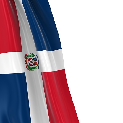 Hanging Flag of the Dominican Republic - 3D Render of the Dominican Flag Draped over white background