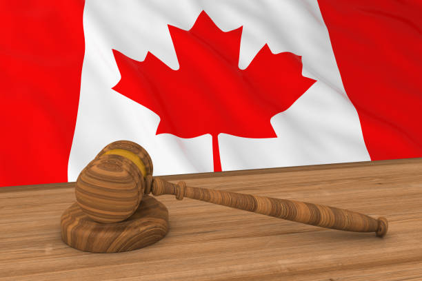 canadian law concept - bandiera del canada dietro l'illustrazione 3d gavel del giudice - canadian flag flag trial justice foto e immagini stock