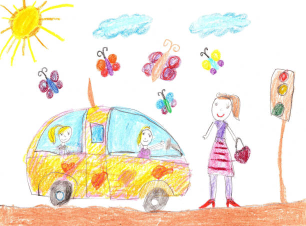 ilustraciones, imágenes clip art, dibujos animados e iconos de stock de viaje en coche de dibujo niños - bus family travel destinations women