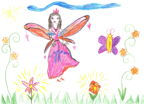Child drawing fairy. Cute fairy flying on a flower