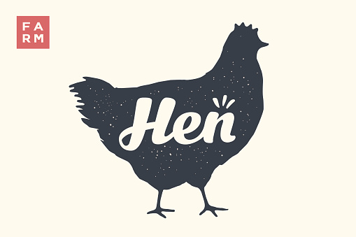 Farm animals set. Isolated Hen silhouette and words Hen, Farm. Creative graphic design with lettering Hen for butcher shop, farmer market. Poster for animals theme. Vector Illustration