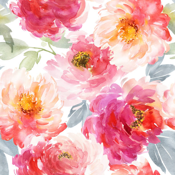 bezszwowy letni wzór z ręcznie robionymi kwiatami akwareli - arrangement backgrounds pink beauty in nature stock illustrations