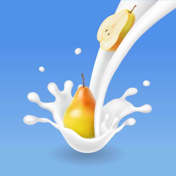 ilustrações de stock, clip art, desenhos animados e ícones de pear fruit and milk flow milky splash. vector illustration - dairy farm liquid food and drink splashing