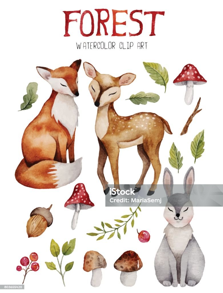 Watercolor clipart with cute forest elements. Watercolor clipart with cute forest elements. Fox , dear and hare with nature elements like mushrooms,branches and leafs. Watercolor Painting stock vector