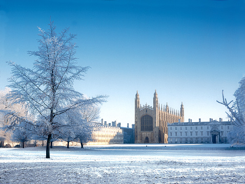 Kings College from 'The Backs' in Cambridge, after snow fall on a crisp, winter morning.