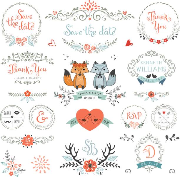 ilustraciones, imágenes clip art, dibujos animados e iconos de stock de boda rústica elements_03 - wedding invitation wedding greeting card heart shape