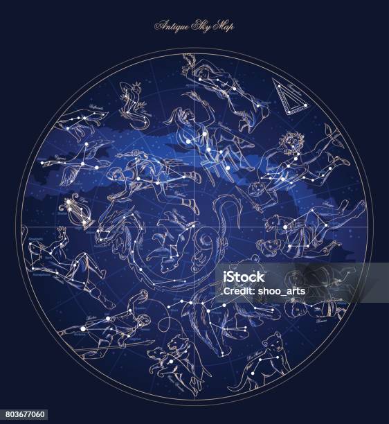 Astronomy Characters Sky Map With Constellation And Star Names Vector Stock Illustration - Download Image Now