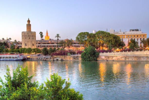 guadalquivir 강 세빌랴 - seville sevilla torre del oro tower 뉴스 사진 이미지