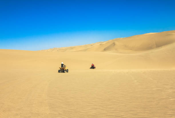 istock Quad driving people - two happy bikers in sand desert. 803687208