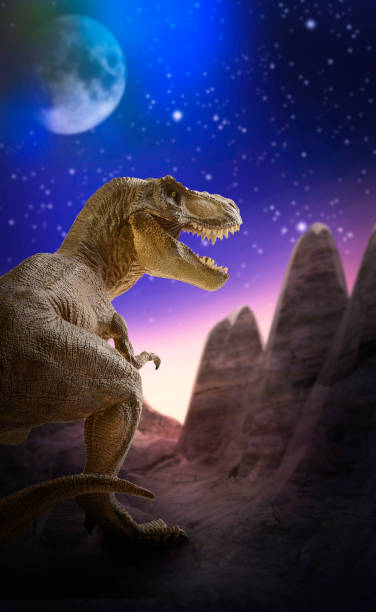 Dinosaurs dinosaur flat art night mountain landscape with stars and bright moon tyrannosaurus rex photos stock pictures, royalty-free photos & images