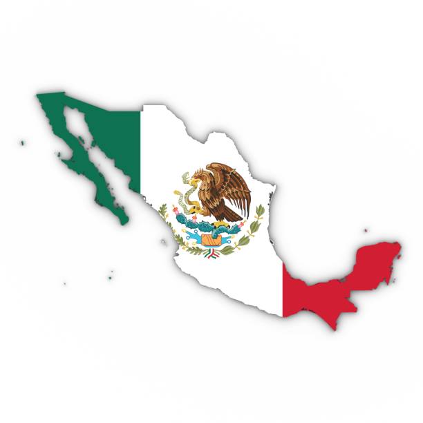 Mexico Map Outline with Mexican Flag on White with Shadows 3D Illustration