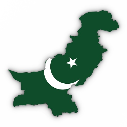 Pakistan Map Outline with Pakistani Flag on White with Shadows 3D Illustration