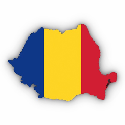 Romania Map Outline with Romanian Flag on White with Shadows 3D Illustration
