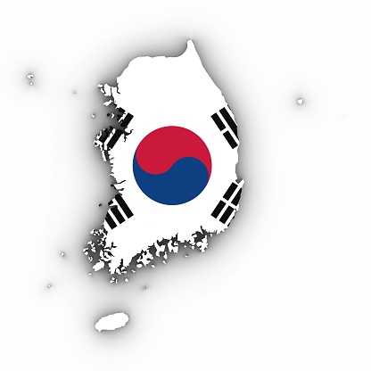 South Korea Map Outline with South Korean Flag on White with Shadows 3D Illustration