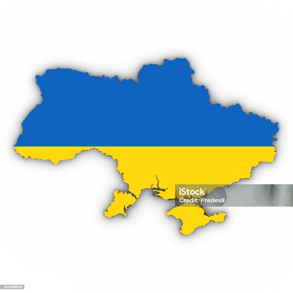 Ukraine Map Outline with Ukrainian Flag on White with Shadows 3D Illustration Computer Graphic Stock Photo