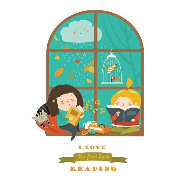 niedlichen mädchen buch am fenster - lesen regen stock-grafiken, -clipart, -cartoons und -symbole